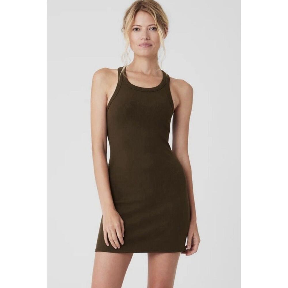 ALO Yoga Seamless Goddess Ribbed Go To Dress XS Espresso Brown‎ Athleisure